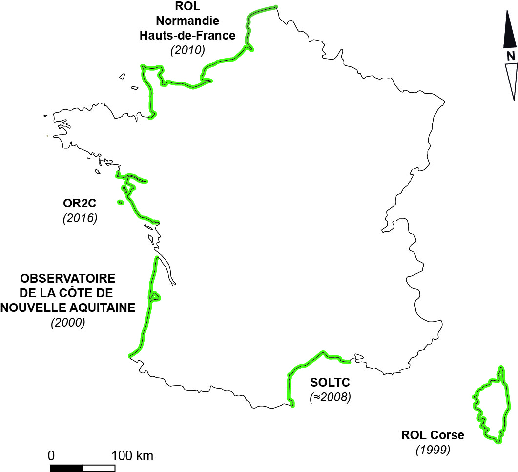 Les observatoires régionaux du trait de côte et des risques côtiers en France métropolitaine (source : d’après Suanez et al., 2012).